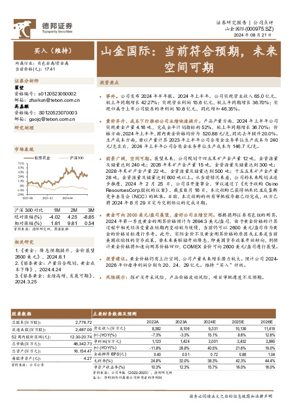 山金国际：当前符合预期，未来空间可期