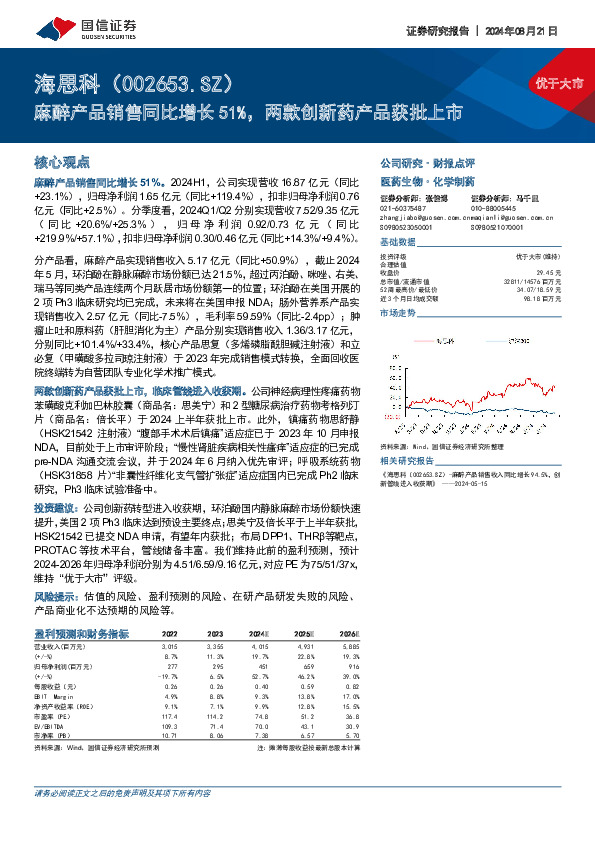麻醉产品销售同比增长51%，两款创新药产品获批上市