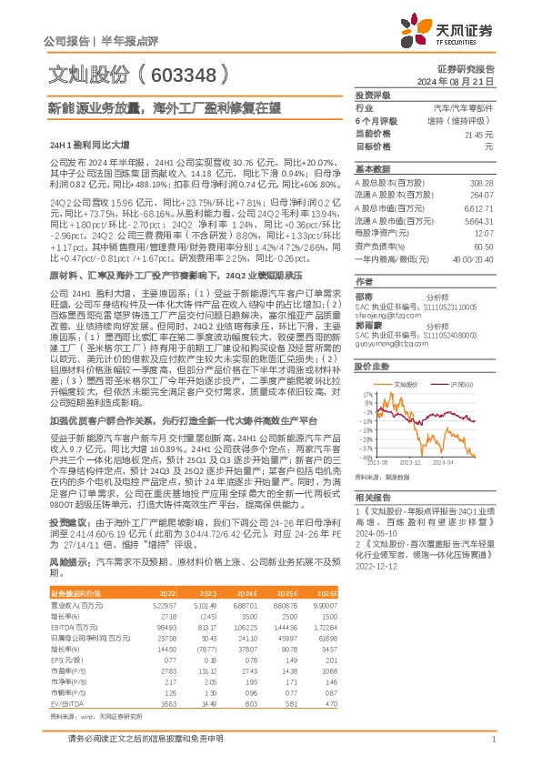 新能源业务放量，海外工厂盈利修复在望