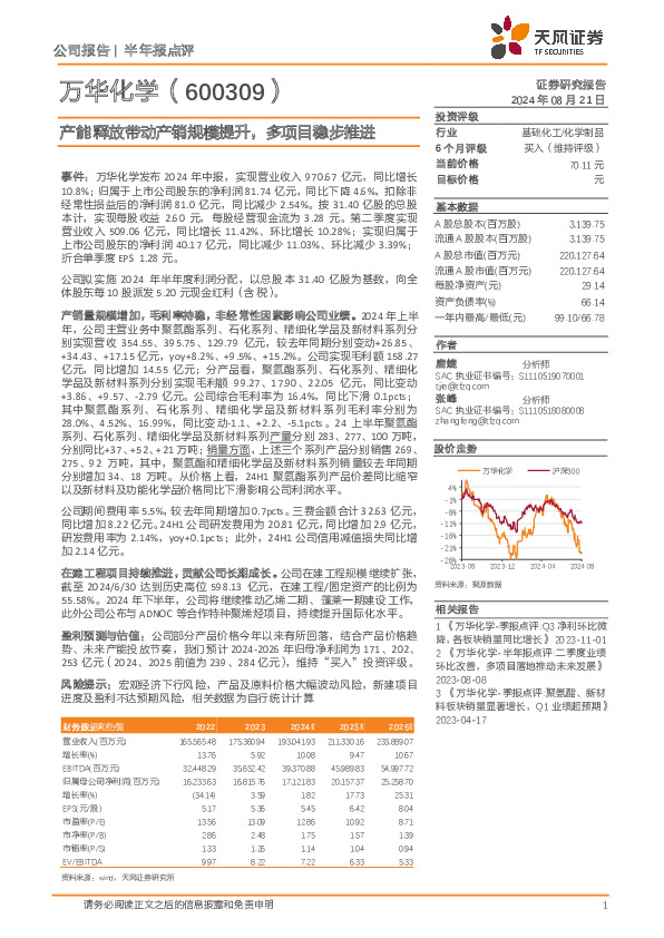产能释放带动产销规模提升，多项目稳步推进