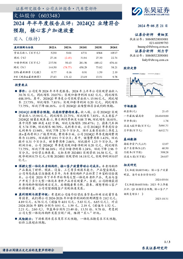 2024年半年度报告点评：2024Q2业绩符合预期，核心客户加速放量