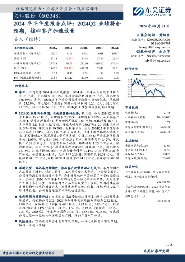 2024年半年度报告点评：2024Q2业绩符合预期，核心客户加速放量