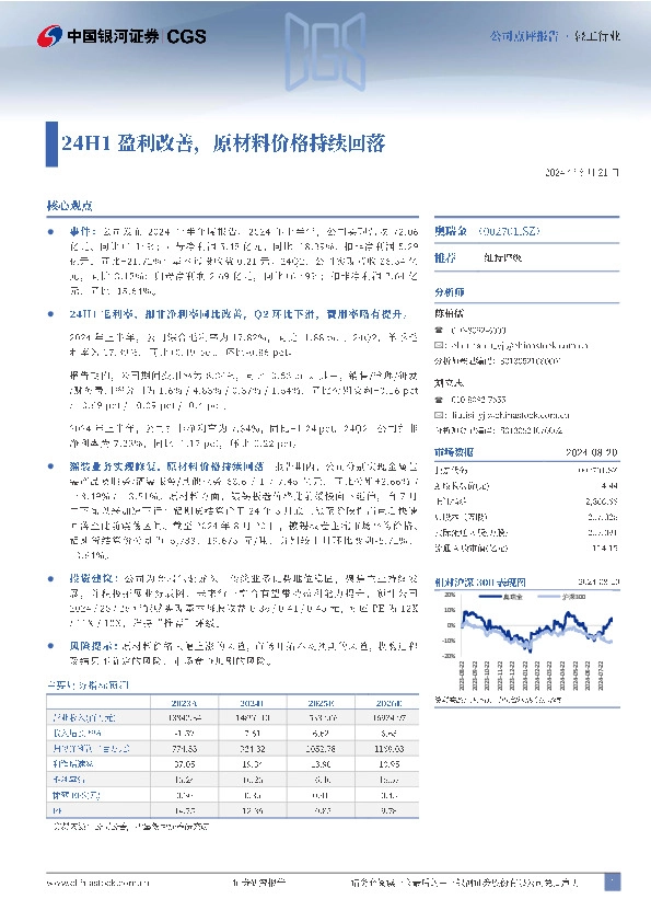 24H1盈利改善，原材料价格持续回落
