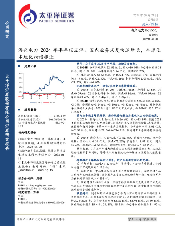 海兴电力2024年半年报点评：国内业务恢复快速增长，全球化本地化持续推进