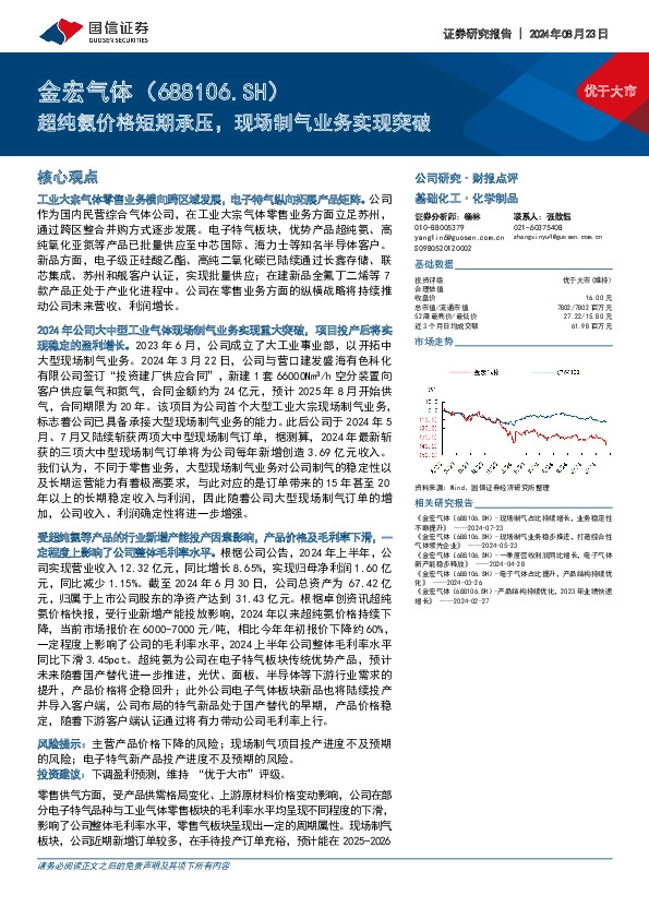 超纯氨价格短期承压，现场制气业务实现突破