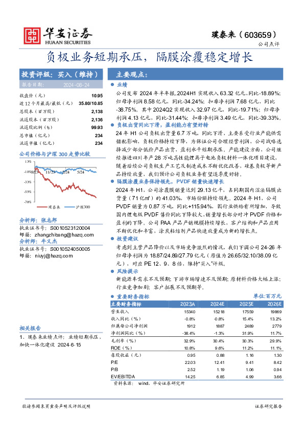 负极业务短期承压，隔膜涂覆稳定增长