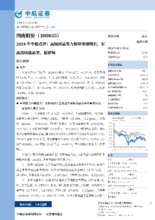 2024年中报点评：高端民品发力保障业绩增长，军品持续拓品类、拓市场