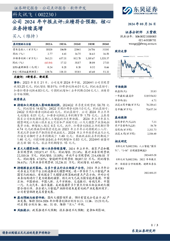 公司2024年中报点评：业绩符合预期，核心业务持续高增