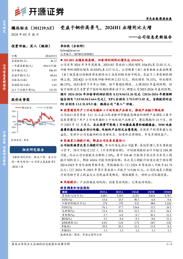 公司信息更新报告：受益于铜价高景气，2024H1业绩同比大增