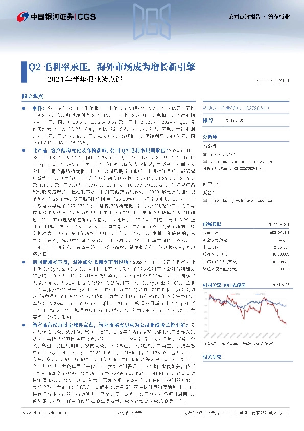 2024年半年报业绩点评：Q2毛利率承压，海外市场成为增长新引擎