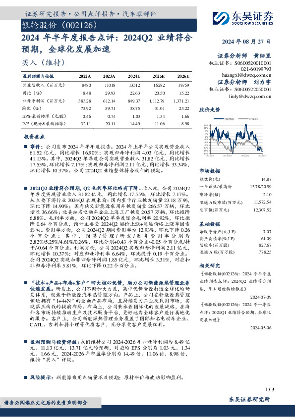 2024年半年度报告点评：2024Q2业绩符合预期，全球化发展加速