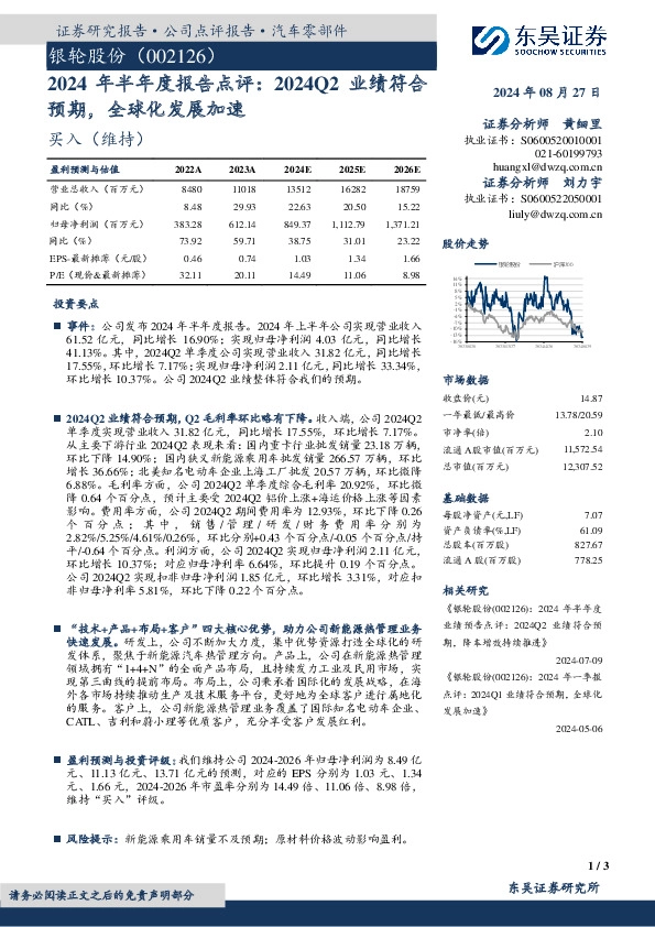 2024年半年度报告点评：2024Q2业绩符合预期，全球化发展加速