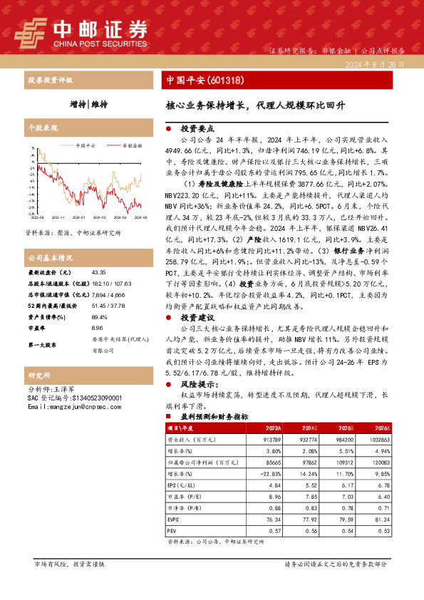 核心业务保持增长，代理人规模环比回升