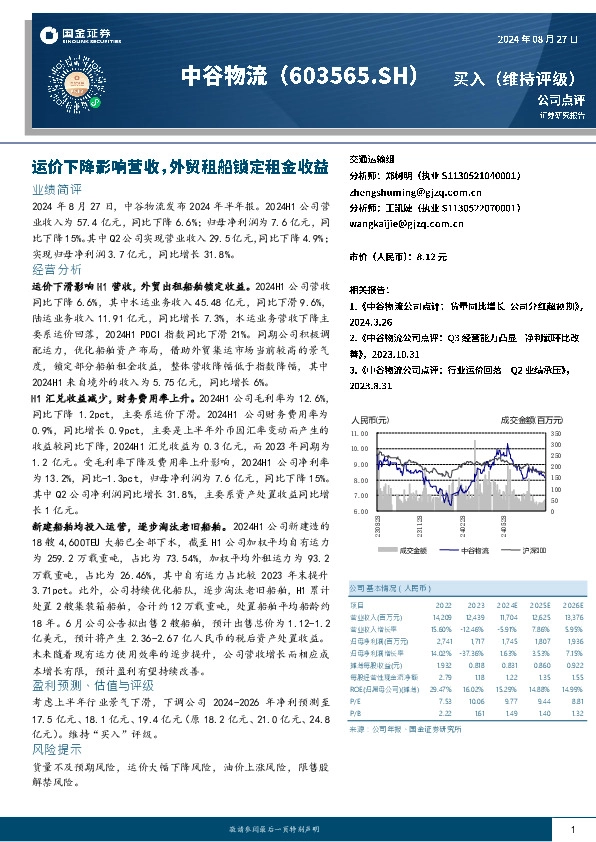 运价下降影响营收，外贸租船锁定租金收益