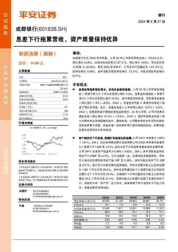 息差下行拖累营收，资产质量保持优异