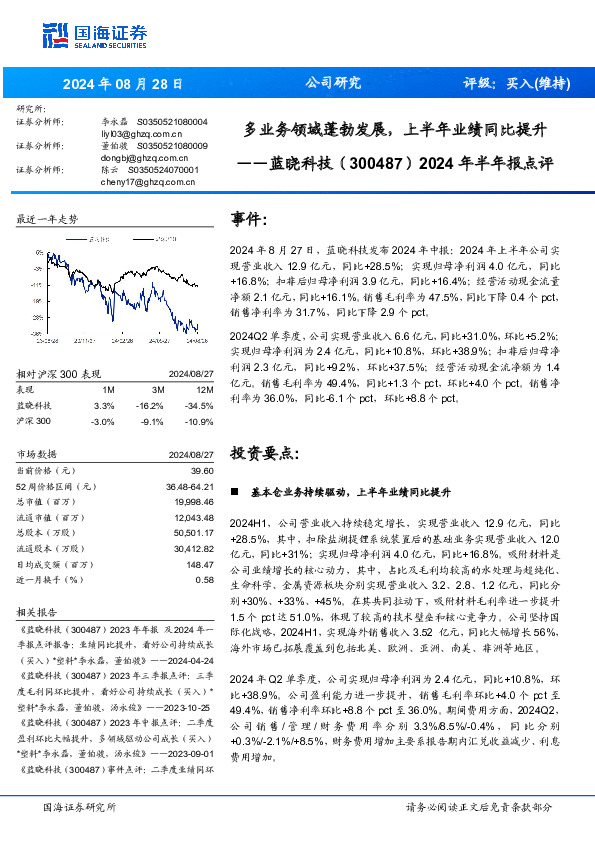 2024年半年报点评：多业务领域蓬勃发展，上半年业绩同比提升