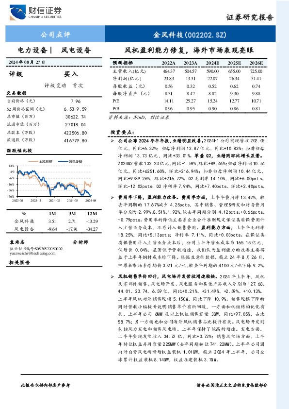 风机盈利能力修复，海外市场表现亮眼