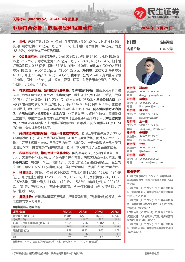 2024年半年报点评：业绩符合预期，电解液盈利短期承压