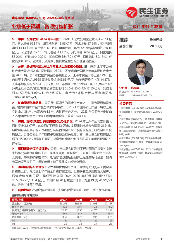 2024年半年报点评：业绩低于预期，资源持续扩张