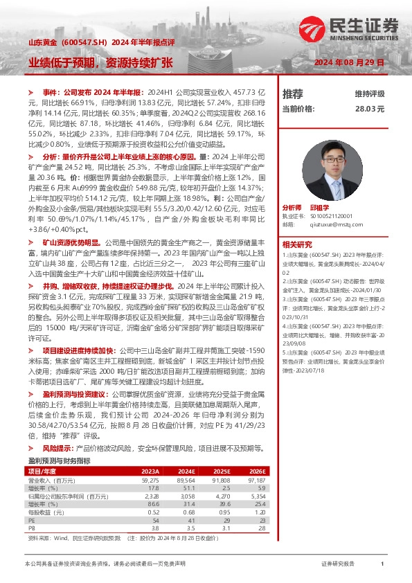 2024年半年报点评：业绩低于预期，资源持续扩张