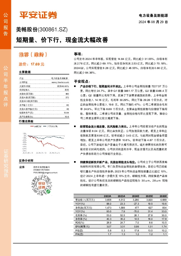 短期量、价下行，现金流大幅改善