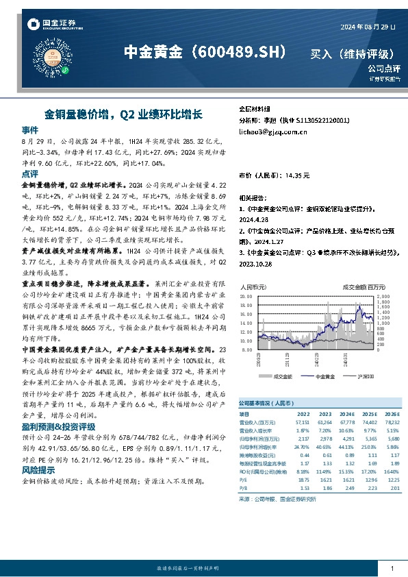 金铜量稳价增，Q2业绩环比增长