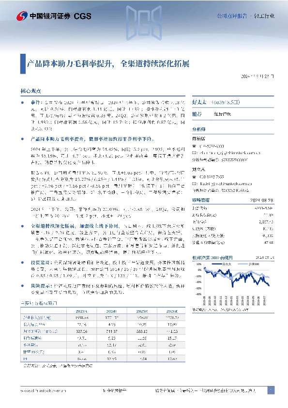 产品降本助力毛利率提升，全渠道持续深化拓展