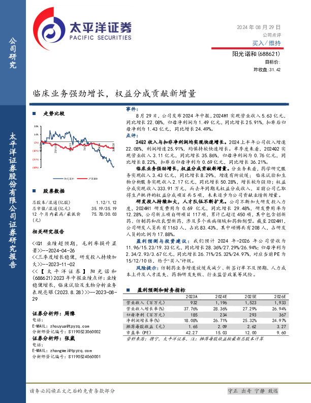 临床业务强劲增长，权益分成贡献新增量