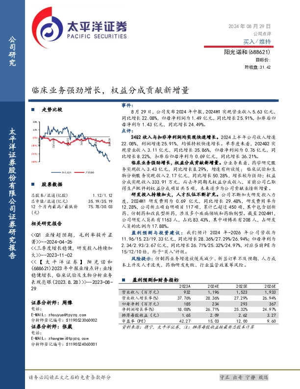临床业务强劲增长，权益分成贡献新增量