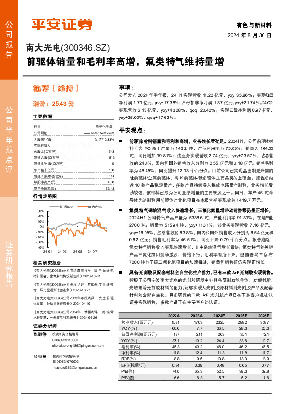 前驱体销量和毛利率高增，氟类特气维持量增