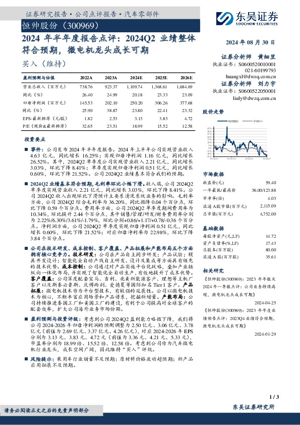 2024年半年度报告点评：2024Q2业绩整体符合预期，微电机龙头成长可期