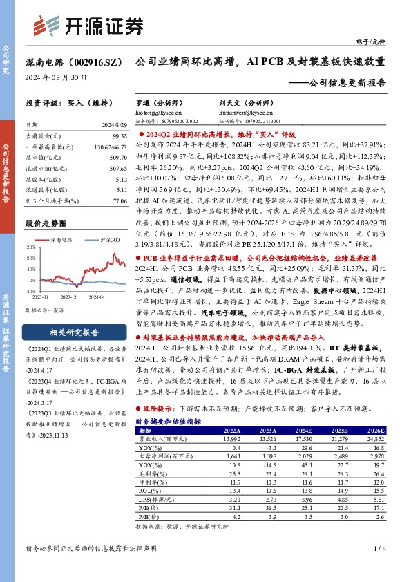 公司信息更新报告：公司业绩同环比高增，AI PCB及封装基板快速放量