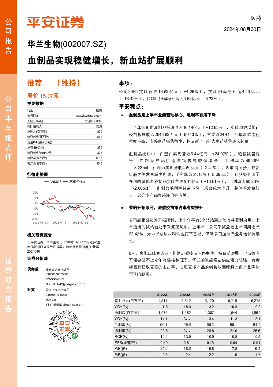 血制品实现稳健增长，新血站扩展顺利