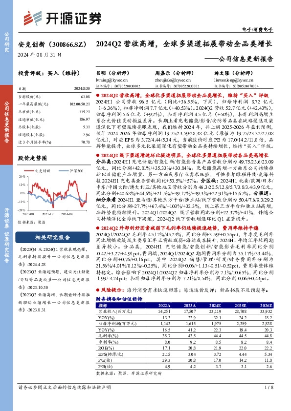公司信息更新报告：2024Q2营收高增，全球多渠道拓展带动全品类增长