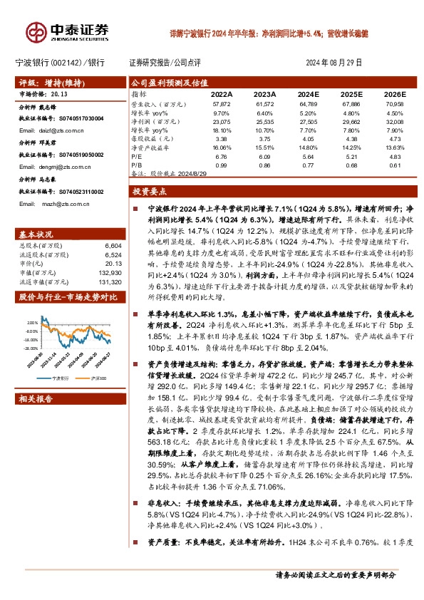 详解宁波银行2024年半年报：净利润同比增+5.4%；营收增长稳健