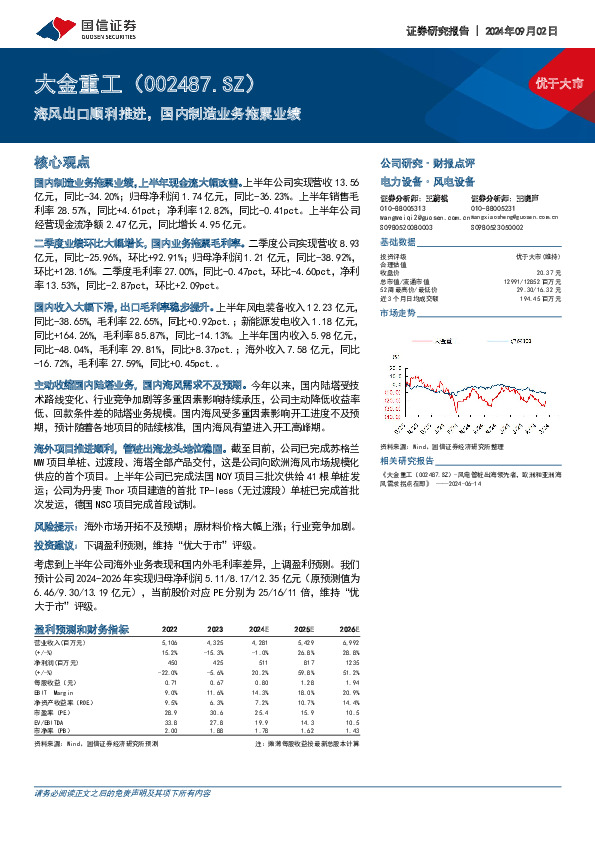 海风出口顺利推进，国内制造业务拖累业绩