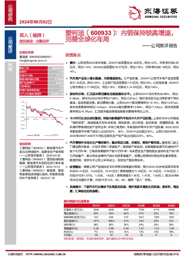公司简评报告：内销保持较高增速，完善全球化布局
