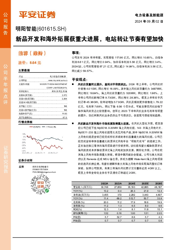 新品开发和海外拓展获重大进展，电站转让节奏有望加快