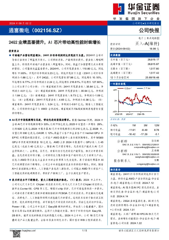 24Q2业绩显著提升，AI芯片带动高性能封装增长
