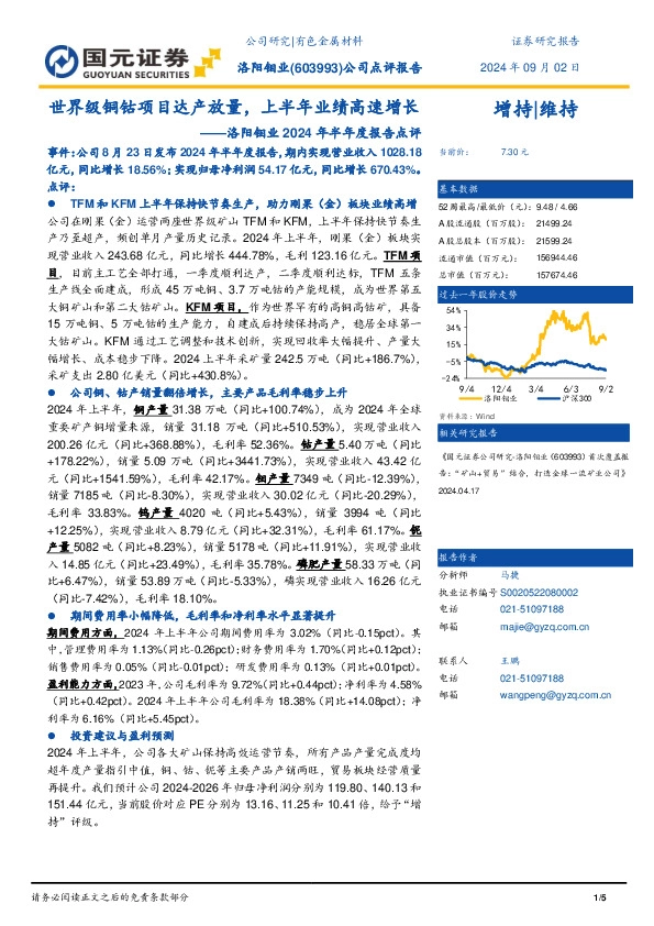 2024 年半年度报告点评：世界级铜钴项目达产放量，上半年业绩高速增长