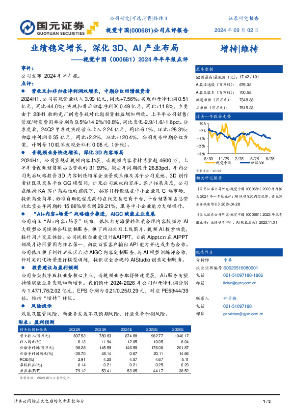 2024年半年报点评：业绩稳定增长，深化3D、AI产业布局
