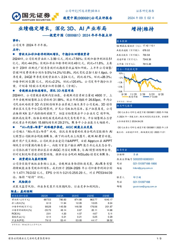 2024年半年报点评：业绩稳定增长，深化3D、AI产业布局