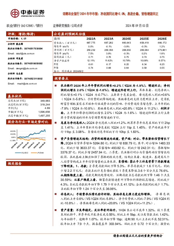 详解农业银行2024年半年报：净利润同比增+2.0%；息差企稳，营收增速回正