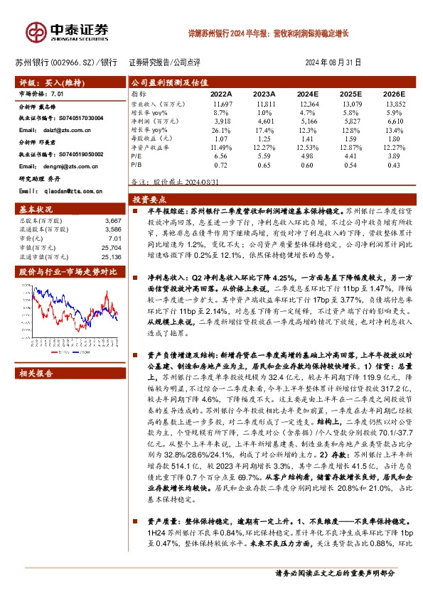 详解苏州银行2024半年报：营收和利润保持稳定增长