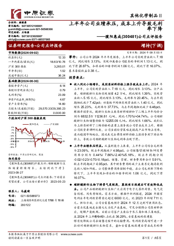 公司点评报告：上半年公司业绩承压，成本上升导致毛利率下降