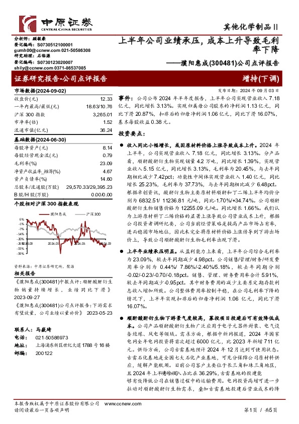 公司点评报告：上半年公司业绩承压，成本上升导致毛利率下降