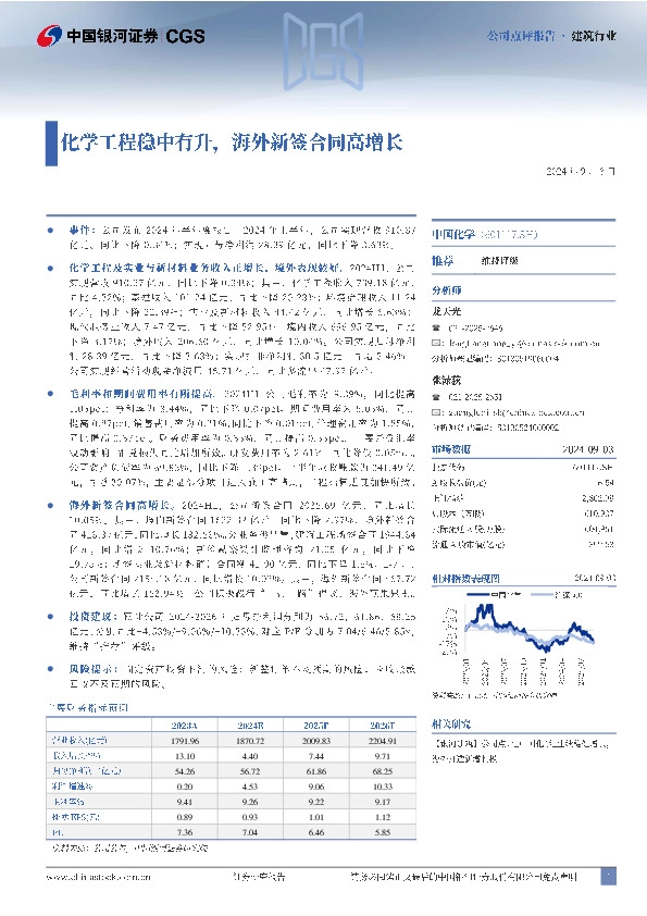 化学工程稳中有升，海外新签合同高增长