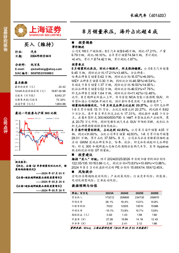 8月销量承压，海外占比超4成