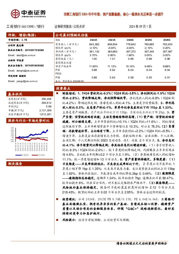 详解工商银行2024年半年报：资产质量稳健；核心一级资本充足率进一步提升