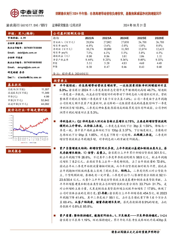 详解渝农商行2024半年报：非息高增带动营收负增收窄，基数拖累减弱净利润增速回升
